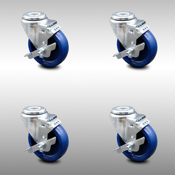 4 Inch SS Solid Polyurethane Wheel Swivel Bolt Hole Caster Set with Brake SCC